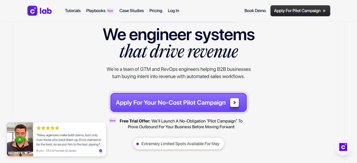 C17 Lab AI-driven revenue systems homepage for cold email outbound
