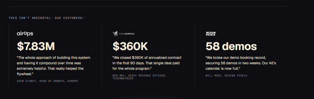Frontal client results: 7.83M dollars pipeline at AirOps, 360K at Teikametrics, 58 demos at Design Pickle